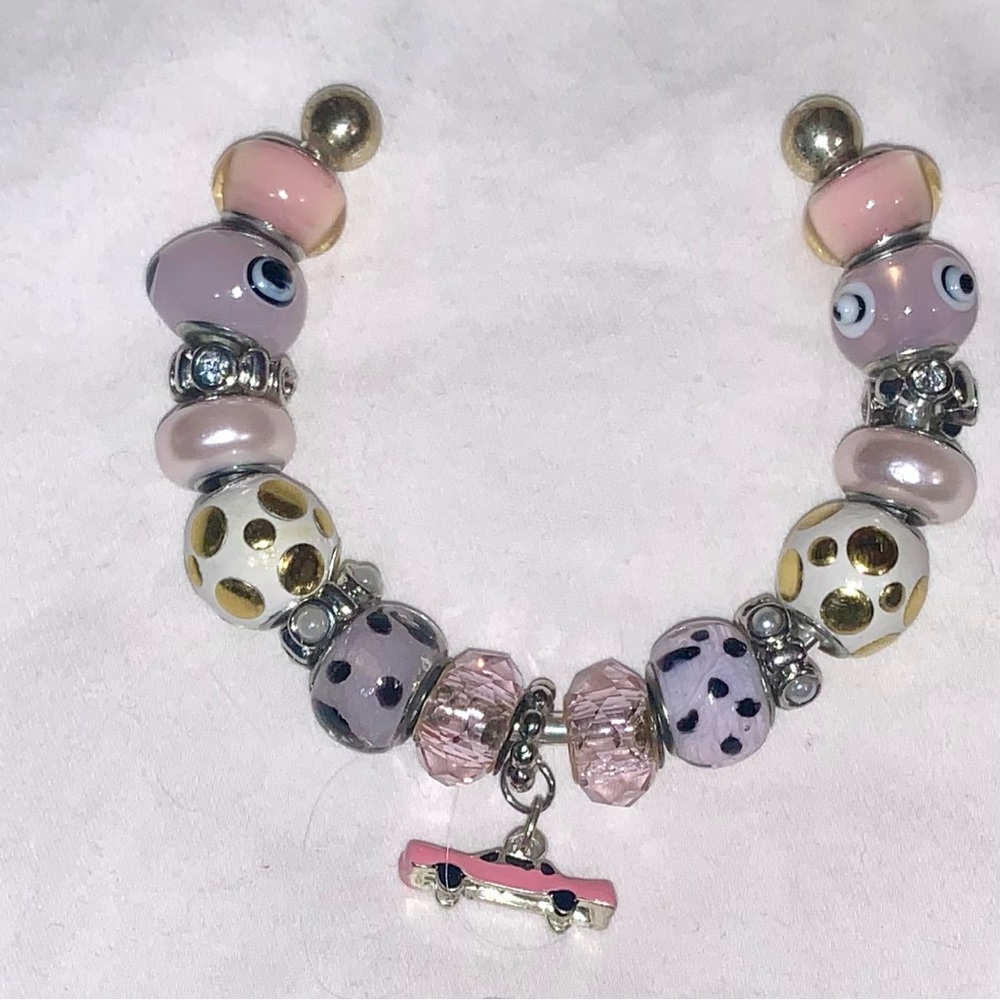Handmade Bracelet, Pink Cadillac Themed. Glass & Crystal Beads, Open Bracelet.